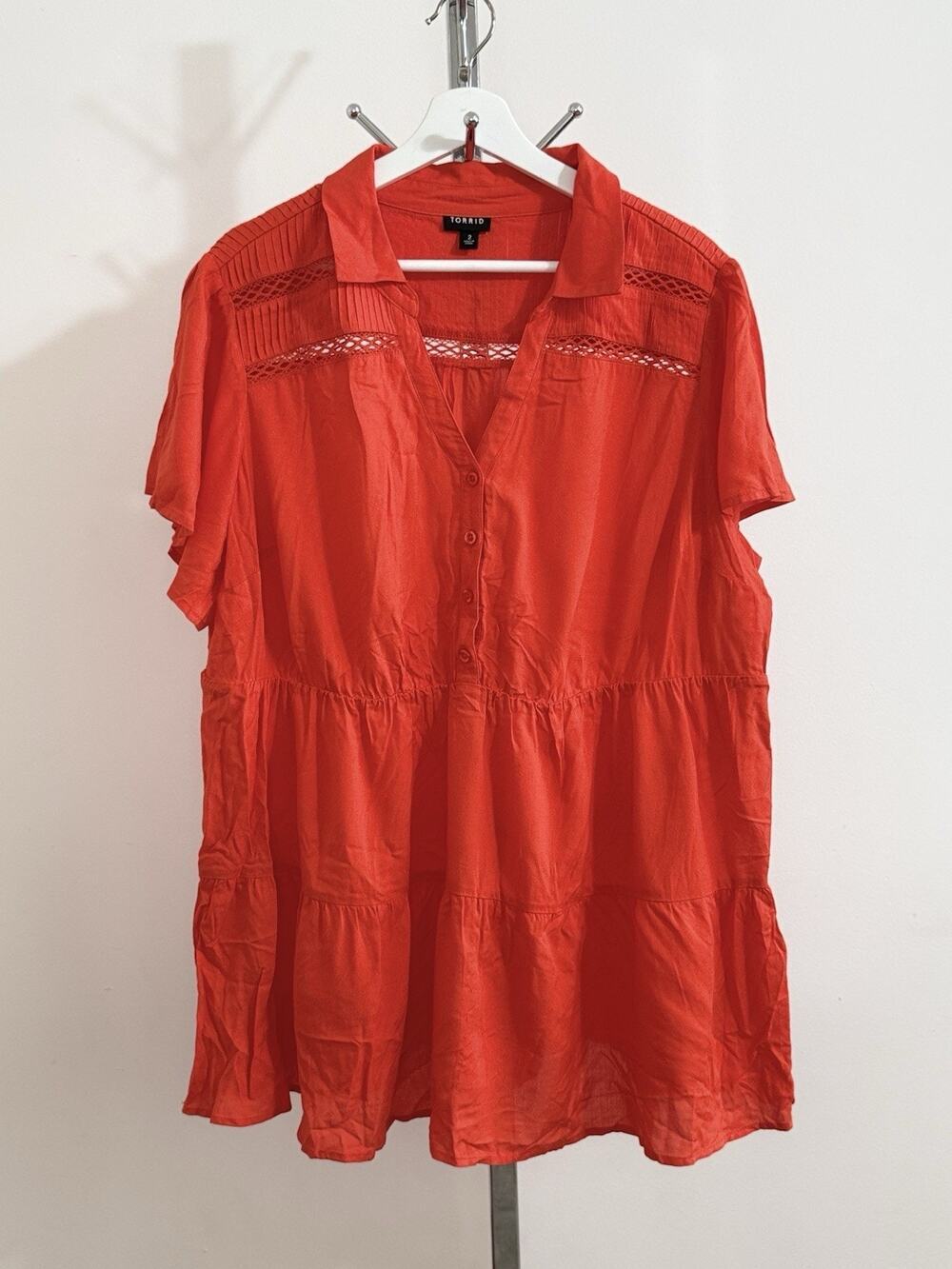 Torrid Women’s Orange Babydoll Top Tiered Short Sleeve Blouse Boho Size 2/2X